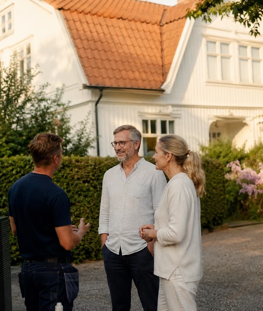 Husägarpar i samtal med installatör framför sin villa